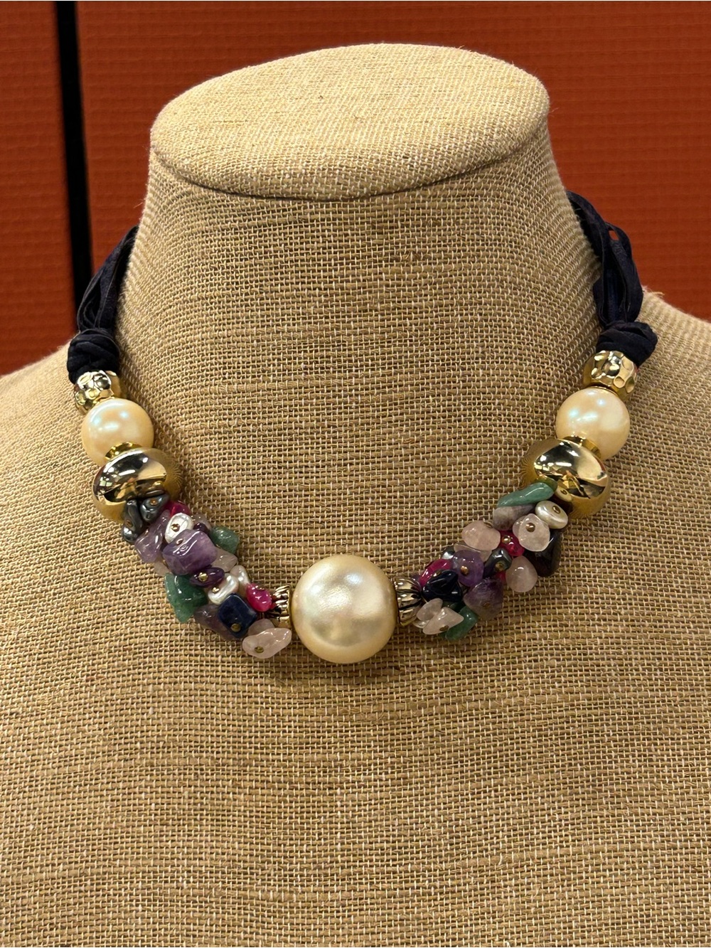 Beautiful artisan large faux pearl and semi precious stone statement necklace